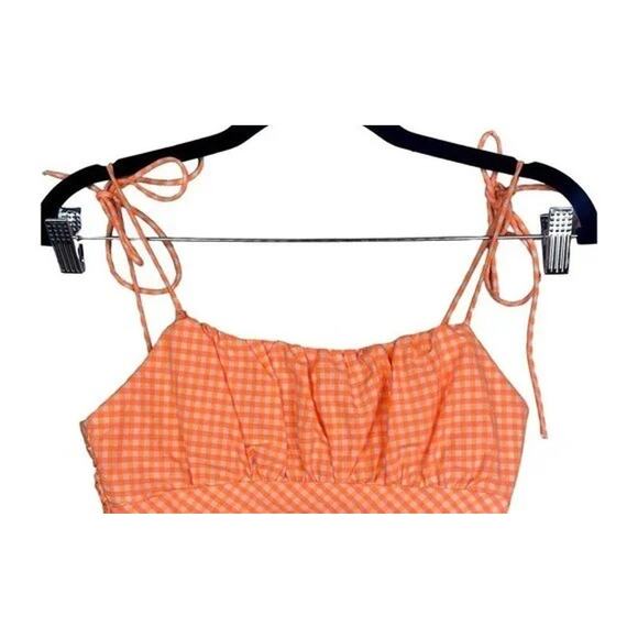 ZARA Gingham Ruched Smocked Back Crop Top Tie Straps XS Orange White #2975 - Picture 3 of 12